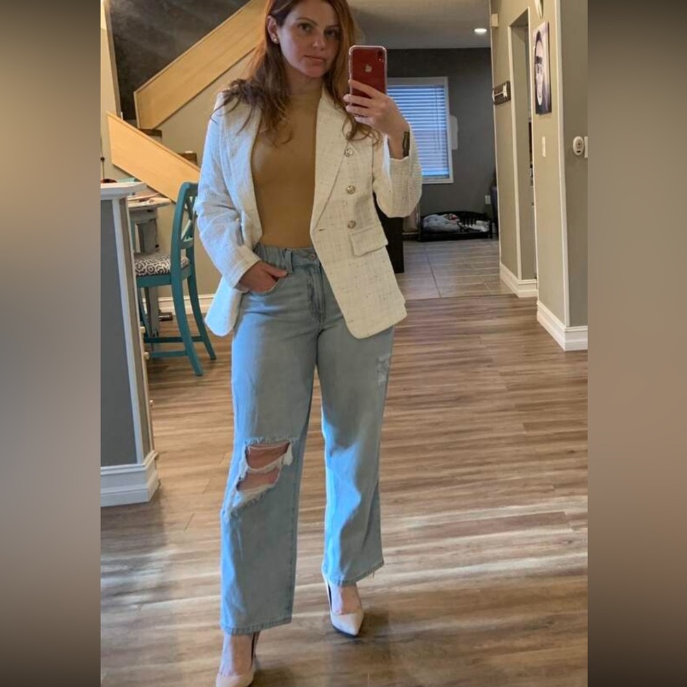Classic Plaid Tweed Double Breasted White Blazer Jacket Long Sleeve - Picture 14 of 16